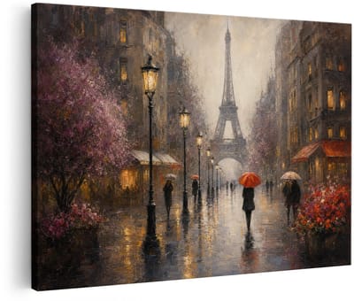 Artaza Canvas Schilderij Eiffeltoren In Parijs - Regenachtige Stadsscene - 30x20 cm - Klein - Wanddecoratie Woonkamer - Schilderijen - Muurdecoratie