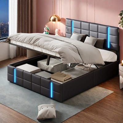Modern gestoffeerd bed met grote opbergruimte, zwart PU-leer tweepersoonsbed voor tieners, hydraulisch bed me