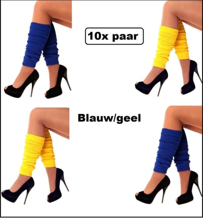 10x Paar Beenwarmers geel en blauw - combi set - Festival Been warmer thema feest disco fun kleding accesoires