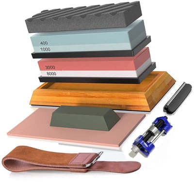 Messenslijper Slijpsteen Set – 400 1000 & 3000 8000 Korrel – Wetsteen met Bamboe Basis en Leren Strop – Voor Keukenmessen