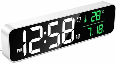 Digitale wekker, LED digitale spiegelwandklok, groot display met temperatuur en datum, 2 alarmen, 40 muzieknummers, 6 dimbare helderheidsniveaus, USB-klok voor thuiskantoor, wit
