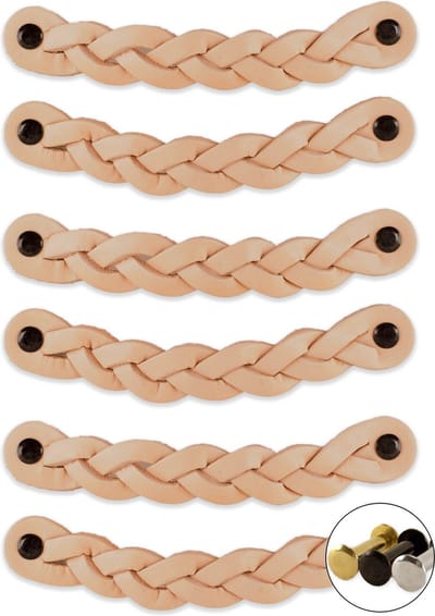 Leren handgrepen - Naturel - 6 stuks - Gevlochten - 16,5 x 2,5 cm - incl. 3 kleuren schroeven - Handgrepen leer - Leren meubelgreep - Leren handvaten kast - Leren lus - Handgreep kast leer - Leren greepjes - Handvat leer - Leren handgreep