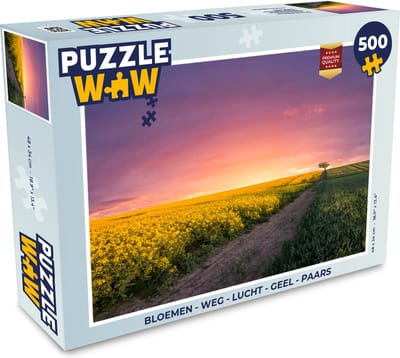 Puzzel Bloemen - Weg - Lucht - Geel - Paars - Zonsondergang - Natuur - Legpuzzel - Puzzel 500 stukjes