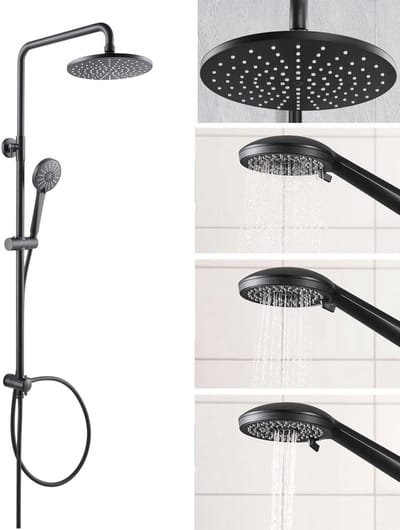 CECIPA Max Regendouche - Zwart Douchesysteem - Roestvrijstalen Doucheset - Ø 22 cm - Handdouche met 3 Functions - Wandmontage - Zonder kraan - Zwart