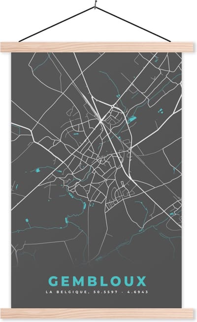 Posterhanger incl. Poster 40x60 cm - Schoolplaat - Stadskaart – Grijs - Kaart – Genk – België – Plattegrond - Textielposter - Blanke latten - Stadskaart