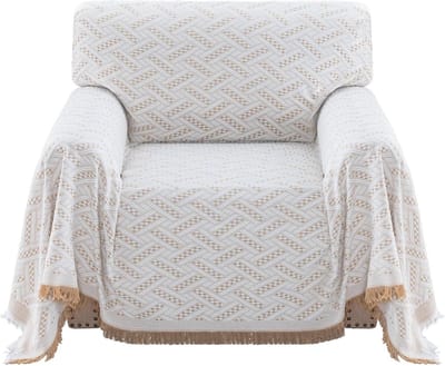 Zachte katoenen deken en sofahoes voor fauteuils en banken - gebreide decoratieve plaid (180 x 230 cm, kaki/wit)