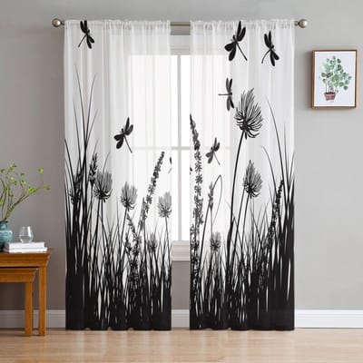 Waterverf Bloemen Libel Kunst Tule Gordijnen voor Woonkamer Slaapkamer Decoratie Transparante Chiffon Transparante Voile Raamgordijn 1 PCS W100XH250cm&Grommet Top white