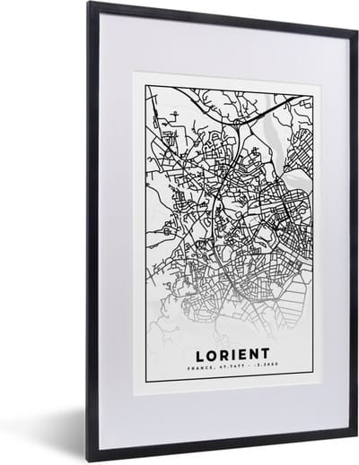 Fotolijst incl. Poster Zwart Wit- Plattegrond - Lorient - Kaart - Frankrijk - Stadskaart - Zwart wit - 40x60 cm - Posterlijst
