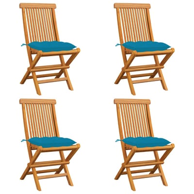 vidaXL - Klapstoelen - met - blauwe - kussens, - 4 - stuks, - massief - teakhout
