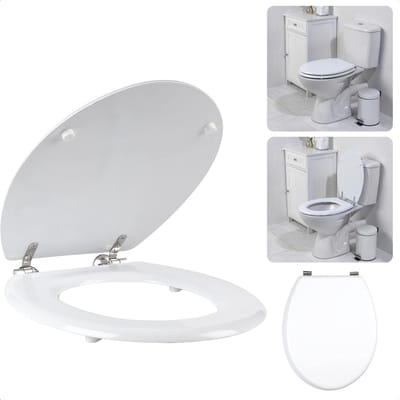 Toiletbril MDF - WC Bril - Hout - Wit 42.5 x 37 cm - 18 inch - Verbinding van RVS - Gewicht 3.1 kg - Incl. Montagemateriaal - Inclusief EBOOK