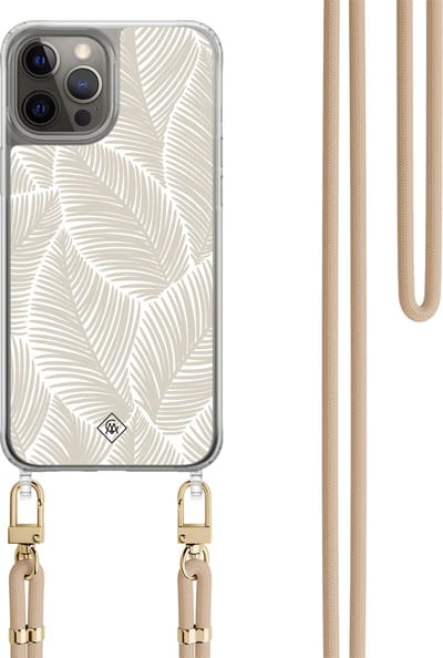 Casimoda® hoesje met beige koord - Geschikt voor iPhone 12 Pro - Palm Leaves Beige - Afneembaar koord - TPU/polycarbonaat - Bruin/beige