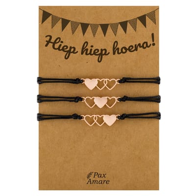 Vriendschapsarmbandjes voor 3 "Hiep hiep hoera!" - Hartjes - BFF Armbandjes met Cadeau Kaartje - Rosé Goud & Zwart - Elastisch Verstelbaar - Pax Amare
