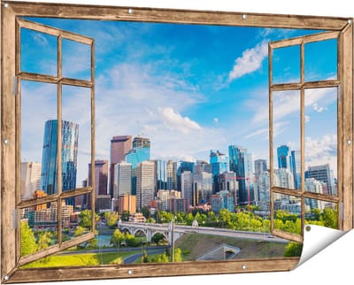 Gards Tuinposter Doorkijk Skyline Calgary Stad in Canada - 150x100 cm - Tuindoek - Tuindecoratie - Wanddecoratie buiten - Tuinschilderij