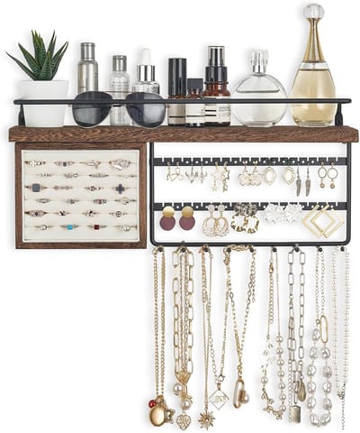 Famanu – Sieradenhouder met houten plank, wandmontage ketting organizer met ruimte voor ringen en oorstekers, rustieke stijl