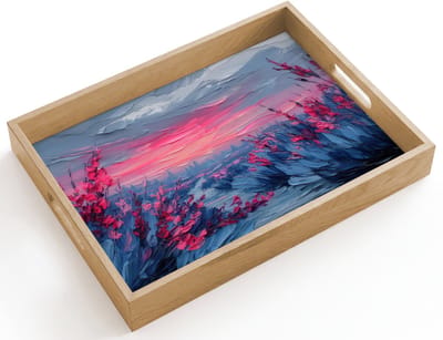 Dienblad hout 40x30 cm - Schootdienblad - Schilderij - Zonsondergang - Bloemen - Rivier - Borrelplank rechthoek - Plateau dienbladen