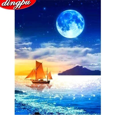 Diy Diamond Painting 5D Zeilboot Volledige Ronde Borduurlandschap Woondecoratie 20X30CM blue