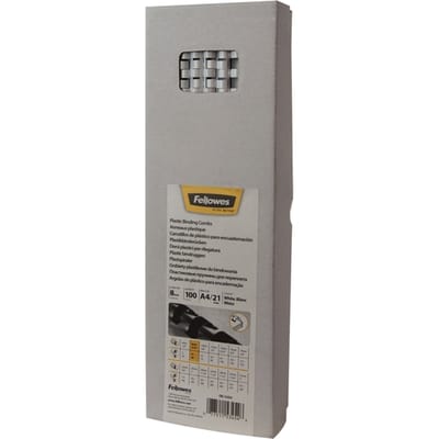 Fellowes plastic inbindruggen, formaat 8 mm, 100 stuks, voor inbindmachines plastic inbindrug wit, 100 stuks