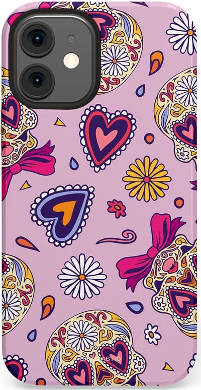 Casetastic hoesje geschikt voor Apple iPhone 12 Mini - Dubbellaagse bescherming - Dia de los Muertos Doodshoofd Strik - Fashion Case - Lichtroze Lila Taupe Zilver