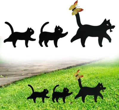 Set van 3 metalen kat tuin stakes met vlinder, zwarte silhouetten voor buiten, tuin en cadeau voor kattenliefhebbers