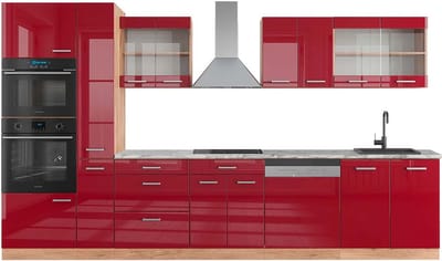 Vicco R-Line Complete keukeneenheid – 350 cm met hoge kast, WB Marmer Rood hoogglans/gouden eik