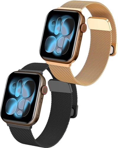 Milanese Horlogeband Geschikt voor Apple Watch 42/44/46 mm Bandje Milanees - Polsbandje Met Magneetsluiting Geschikt voor Apple Watch 42/44/46 mm Bandje Milanees - Zwart & Goud