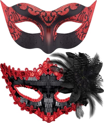 2 Stuks Venetiaanse Masker voor Verkleedfeest en Carnaval voor Mannen en Vrouwen - Zwart en Rood, Perfect voor Halloween en Feestelijke Gelegenheden
