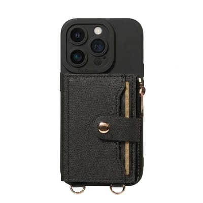 Zwart telefoon hoesje met portemonnee en koord geschikt voor iPhone 15 Pro – faux leren wallet case met pasjeshouder, drukknoopsluiting en beschermende backcover