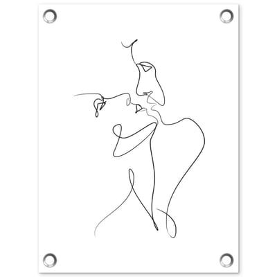Tuinposter 30x40 cm - Tuindecoratie Abstracte line art van een koppel met gesloten ogen op een witte achtergrond - Poster voor in de tuin - Buiten decoratie - Schutting tuinschilderij - Tuindoek muurdecoratie - Wanddecoratie balkondoek