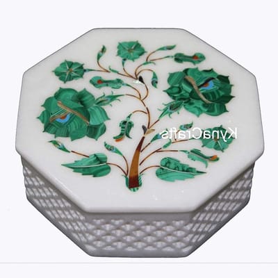 Snuisterijdoos Marmer - Decoratieve Doos - Sieraden Opbergen - Handgemaakt In India - 13.7 cm - Wit
