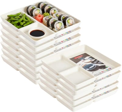 Plasticforte Vakjesborden - 12x stuks - ivoor wit - gourmetbord - 3-vaks - kunststof - 24 x 24 cm - fonduebord - bbq - camping