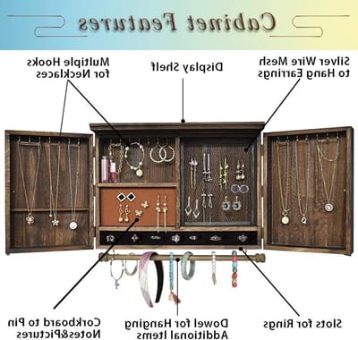 Rustieke wandgemonteerde sieradenorganizer met houten schuur decor, houten wandhouder voor kettingen, oorringen, armbanden, ringhouder (ustisch nieuw)