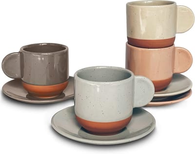 Set van 4 Keramische Mini Espressokopjes met Schotels, 85 ml - Kleine Koffiekopjes Italiaanse Stijl