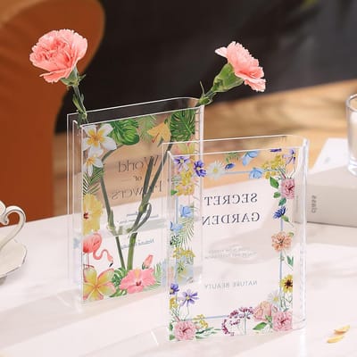 Boekenvaas Set - Boekvormige Vazen - Bloemen Presenteren - Uniek Acryl Ontwerp - Set van 2 - Transparant