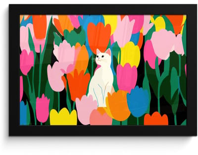 Poster in lijst - Fotolijst 30x20 cm - Posters - Tulpen - Kat - Kleurrijk - Posterlijst zwart - Decoratie - Wanddecoratie woonkamer - Muurdecoratie slaapkamer