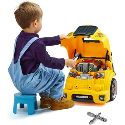 VEVOR 60-delige autoreparatieset voor kinderen met verwijderbare onderdelen, licht en geluid, stuur en claxon, werkplaatsset voor peuters vanaf 3 jaar, geel