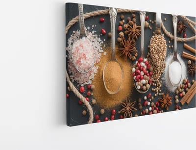 Saammp Canvas Schilderij - 4 Lepels met specerijen - 45x30 - Foto op canvas - Wanddecoratie - Muurdecoratie keuken - Slaapkamer decoratie - Canvas Print