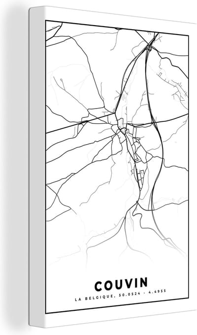 Canvas Schilderij Plattegrond – Couvin – Zwart Wit – Stadskaart - Kaart - België - 20x30 cm - Wanddecoratie