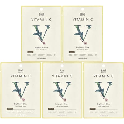 Rael, Vitamin C, Brightening + Glow Facial Beauty Sheet Mask, 5 sheets, 25ml (0.84fl oz) each