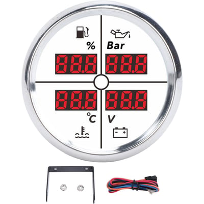 Jauge Multifonctionnelle 4 en 1 52mm Affichage Numérique Niveau de Carburant Pression d'Huile Température de l'Eau Voltmètre avec 81000326 Silver Bezel White Dial black