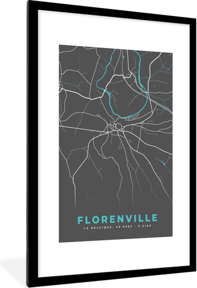 Fotolijst incl. Poster - België – Florenville – Stadskaart – Kaart – Blauw – Plattegrond - 80x120 cm - Posterlijst
