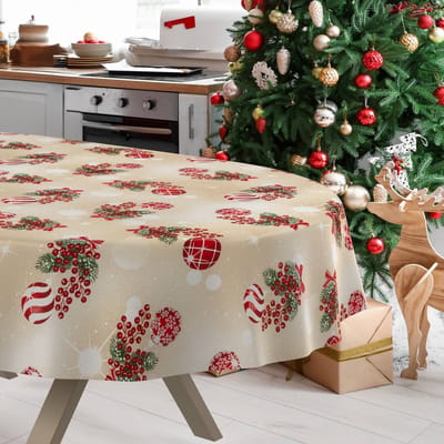 ANRO Tafelkleed Kerstballen Beige Ovaal 240x140cm Rechte rand Afwasbaar Waterafstotend