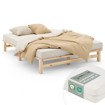Homestyle4u Palletbed - 140x200 cm - Houten bed - met matras - Natuur