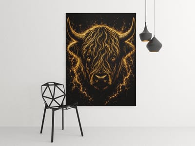 Canvas schilderij 100x75 cm - Gouden Schotse Hooglander - Luxe Wanddecoratie - Zwart - Goud - Dieren