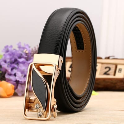 Dames Echte Leren Riem Casual en Veelzijdig Dubbelzijdig Twee Laags Rundleer Lychee Patroon Automatische Gesp Riem 100-125cm black