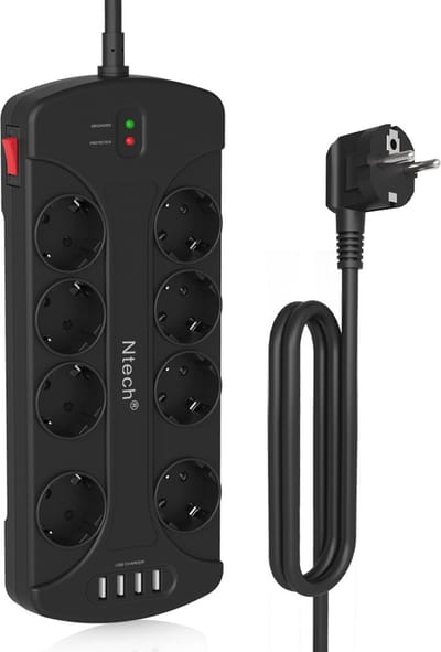 Stekkerdoos met USB poorten en schakelaar - 8 voudig - 4x USB Oplaadpoorten - 8x stopcontacten - 3.4 A - 1.5 meter snoer - met Beveiliging - Zwart