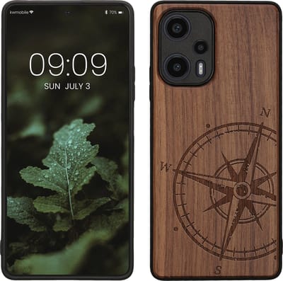 kwmobile telefoonhoesje geschikt voorXiaomi Poco F5 5G - Hoesje met bumper - hout - In donkerbruin Vintage Kompas design