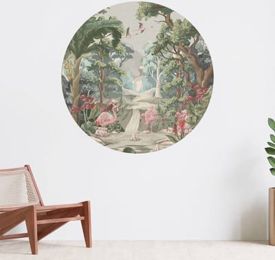 Muurcirkel zelfklevend behang - Flamingo paradise - Wanddecoratie - 080cm behangcirkel - Ronde sticker voor aan de muur - Behangsticker verkrijgbaar in verschillende formaten