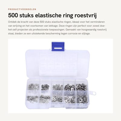 Dailygoods- Elastische Ring - 500 Stuks - Roestvrij Staal - Platte Wasmachine/Veer - Anticorrosie - Diverse Maten - Inclusief Opbergdoos - Pakkingen