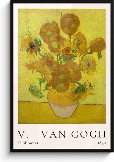 Poster in lijst - Fotolijst 80x120 cm - Posters - Vincent van Gogh - Sunflowers - Kunst - Oude meesters - Zonnebloemen - Posterlijst zwart - Decoratie - Wanddecoratie woonkamer - Muurdecoratie slaapkamer