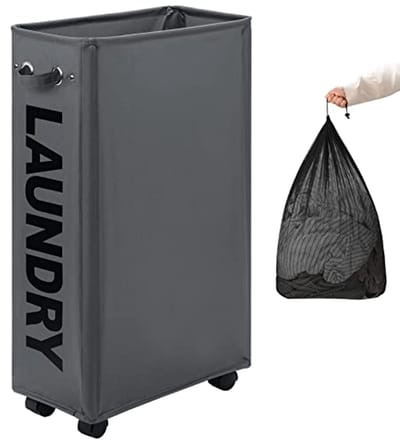 29-Inch Slim Wasmand met Wieltjes en Verwijderbare Waszak - Opvouwbare Kledingopbergbakken